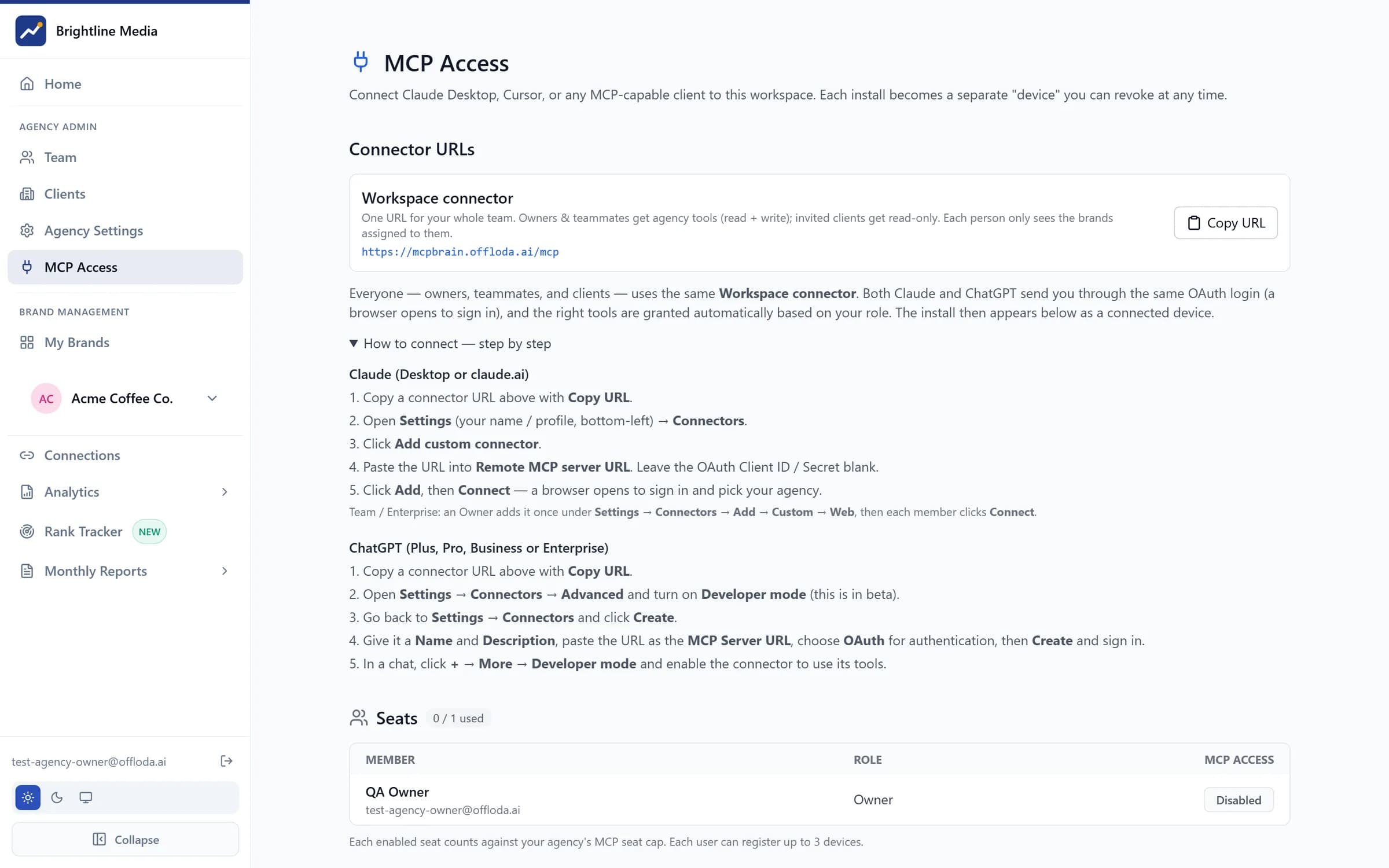 Offloda MCP Access — one workspace connector URL for Claude, ChatGPT and any MCP client, with per-seat control
